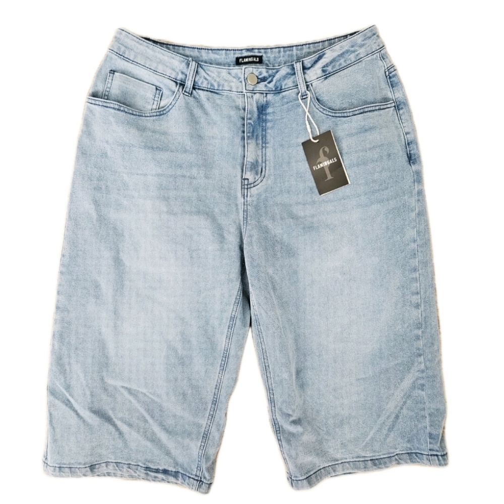 Women's Long Loose Fit Light Wash Denim Shorts Jorts Stretchy XL